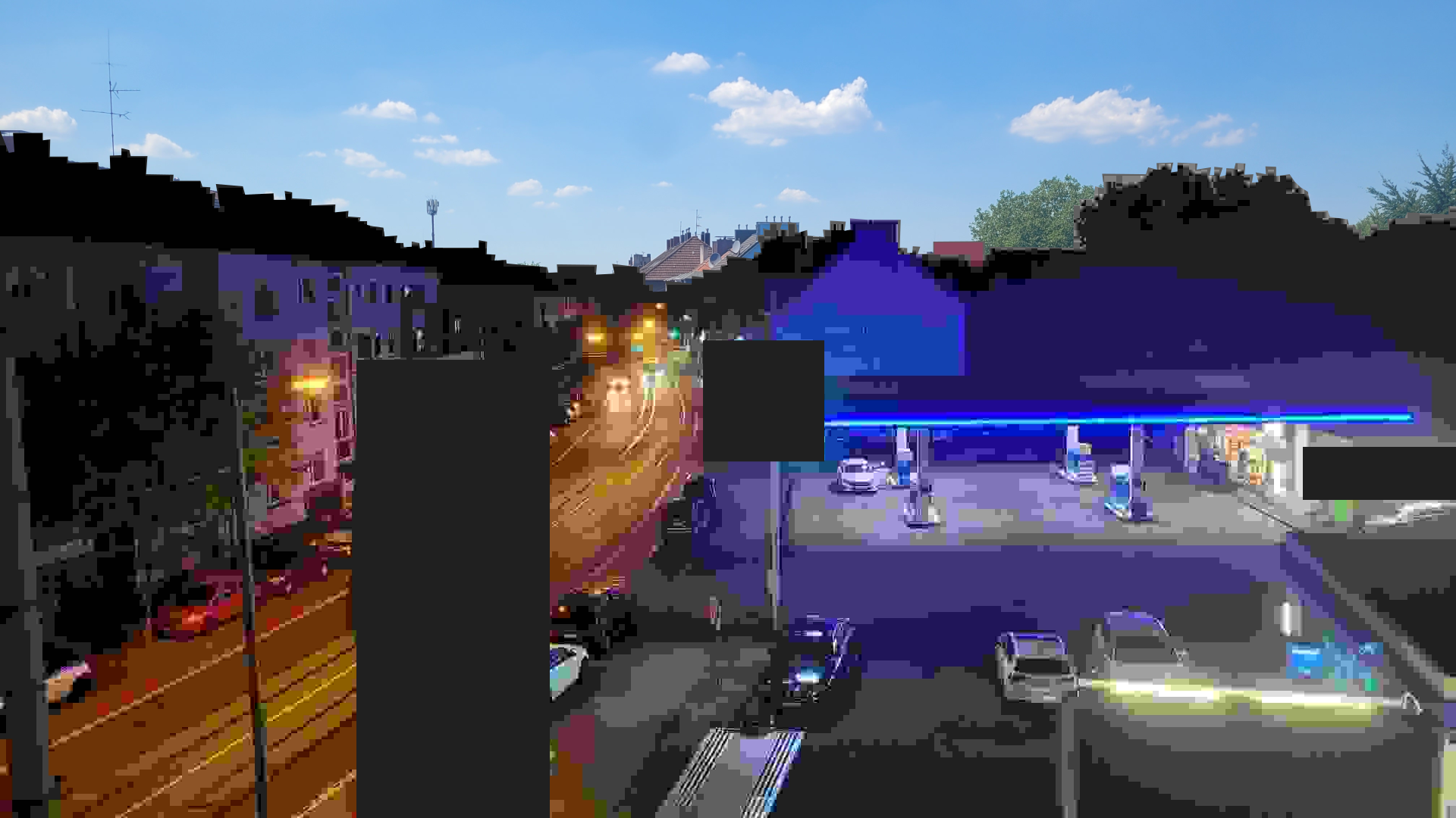 a photo of a street, the bottom half is at night and compressed like a jpeg, the sky is cloudy and during the day uncompressed. there are three black bars to censor brandings or identifiable objects.